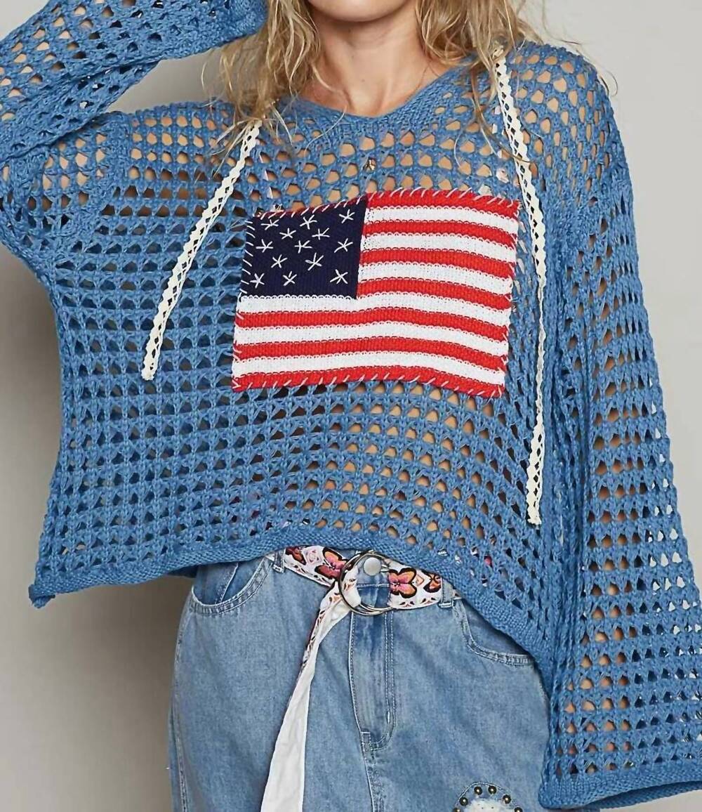 NEW POL women's v neck american flag hoodie in dusk blue